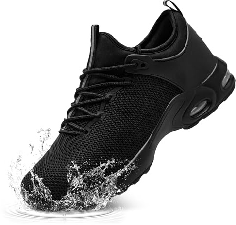 LARNMERN Baskets de sécurité pour homme - Imperméables - Avec embout en acier - Chaussures de travail rembourrées - Légères et confortables - Baskets de marche, Noir , 8 UK