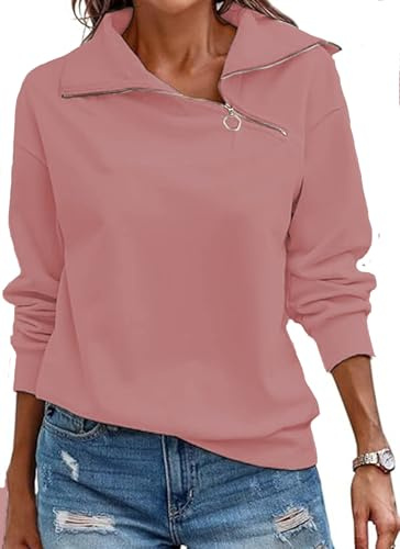 Cuptacc Pullover für Damen Half Zip Langarm Oberteile Herbst Modische Dunkel Rosa Sweatshirt Damen Ohne Kapuze Dunkel Rosa, Groß L 42-44