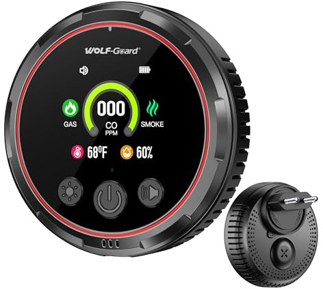 Plug-in 5en1 Combo Detecteur de Fumée et Monoxyde de Carbone et Détecteur de Gaz avec Batterie 1000mah & HD L'écran [Co Fumee Temp Humidité Alarme] pour Familial Voyage, HD13-CGS（1，Black