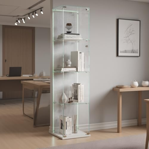 TIMORWTF Vetrina in vetro con striscia luminosa a LED, armadio moderno 4 ripiani porta, vetrina da parete per collezione, bianco, 163 x 40 x 35 cm