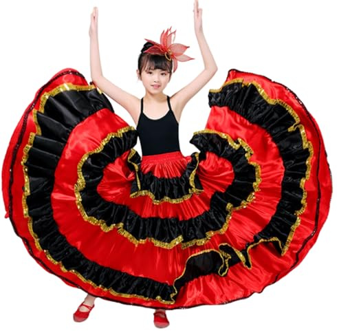 EFLALYHG Vestito Lungo Rosso da Ragazza in Stile Flamenco Gonna Spagnola a Ruota Grande per Costume da palcoscenico Feste di Carnevale Balli da Sala Danza del Ventre,360°,XXS