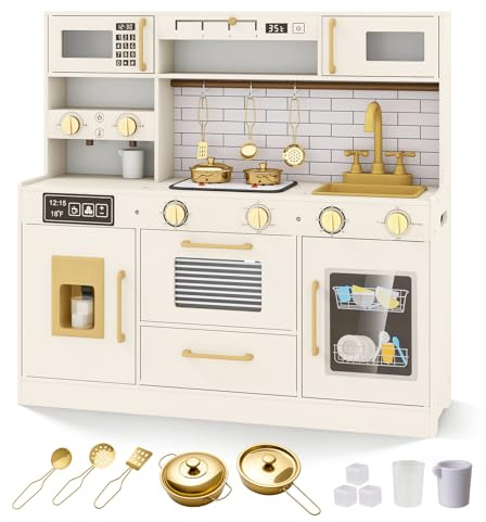 COSTWAY Cuisine Enfant avec Distributeur de Glace, Lumières et Sons Réels, Jeu de Cuisine avec Micro-Ondes, Lave-Vaisselle et Hotte, 10 Accessoires, Étagères, Jeu d'Imitation pour Enfant de 3 Ans+