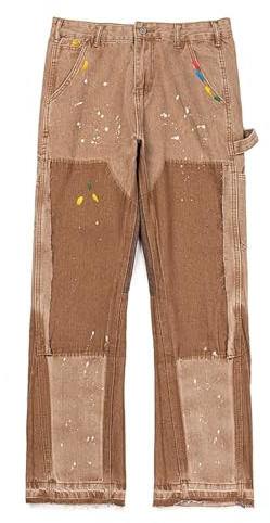 Genérico Jeans Hombre Estilo Carpenter con Patchwork Corte Recto Efecto Paint Splatter Pantalón Vaquero Streetwear-color1||m