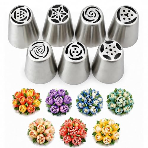 Tumtanm 7 Pcs Large Russian Piping Tips Set, Stainless Steel Flower Frosting Nozzles, One-Press Cake Decorating Tips for Buttercream, Cupcakes, Cakesâ Dishwasher Safe
