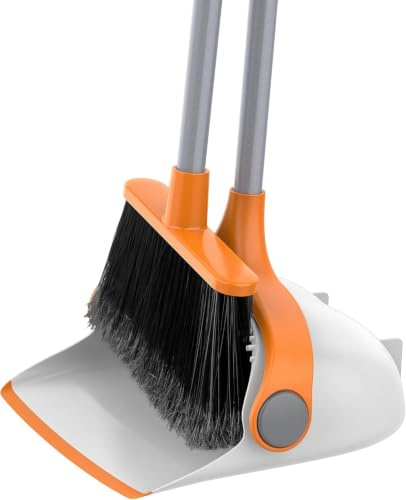 Generico Set Scopa e Paletta con Manico Lungo 131 cm, Verticale Autoportante, Setole per Polvere Fine e Peli di Animali, Bianco/Arancione