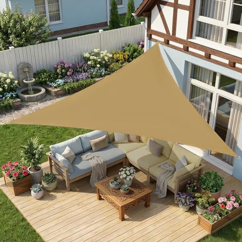 wiipara 3,6x3,6x3,6m Sonnensegel Dreieck, Wasserdicht Sonnenschutz Segeltuch Sunsegel, 95% UV Schutz, Regenschutz, Premium Polyester Sonnensegel für Balkon Terrasse Garten (Sand)