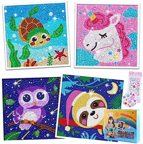 4er Diamond Painting Kinder Tiere DIY 5D Diamant Malerei Bilder Set Full Zubehör Glitzersteinchen Painting Kleine Mädchen Junge Geburtstag Festival Geschenke Home Wanddekoration Crystal Art Craft Kits