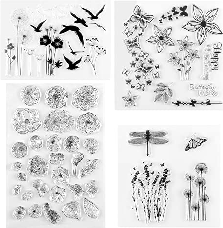 Silikonstempel Clear Stamp Set Vintage Silikon Stempelset Tiere Blumen und Blätter Frühling Sweet Stamp für Bullet Journal Scrapbooking Stampin up Stempel Geburtstag Fotoalbum (4 Stück)