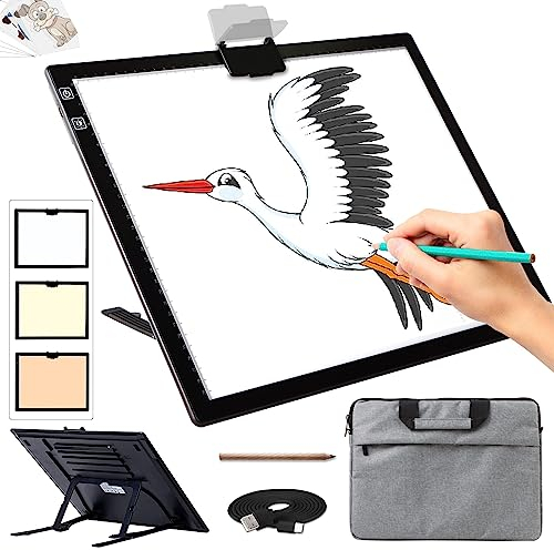 Diamond Painting Leuchttisch A3 - Tragbares Batteriebetriebene Light Pad, Wiederaufladbare Leuchtplatte mit Ständer und Tasche, 3 Farben 6 Helligkeitsstufen LED Lichtpad für Diamond Painting Zubehör