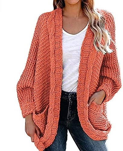 Mujer Elegante Chaqueta de Punto con Bolsillos Mujeres Otoño Invierno Manga Larga Ligero Cárdigan Color Sólido Cálido Abrigo de Punto Grueso
