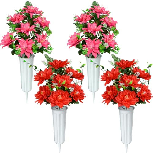 Fiori artificiali per cimitero, set di 4 fiori artificiali di dalia per tomba con vaso per la decorazione del cimitero, rosso