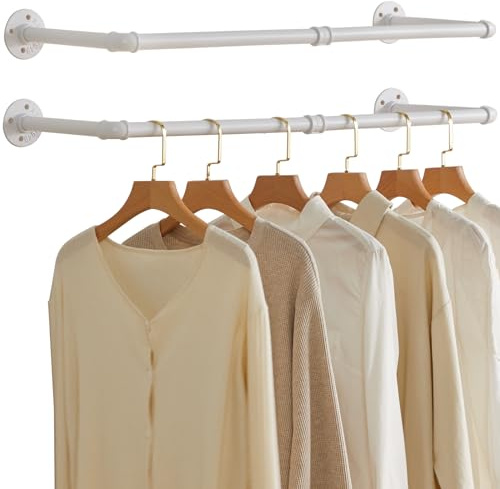 IBUYKE - Barra para ropa de pared, 94 cm, juego de 2, metal para ropa de pared, capacidad de carga de 50 kg, extraíble barra de armario de pared para colgar ropa, blanco TYJ001W-2