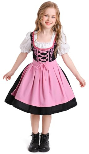 Odizli Costume Dirndl da bambina, a maniche corte, colore bianco, grembiule + gonna, 3 pezzi, lunghezza al ginocchio, Oktoberfest, Colore: rosa., 4-6 Jahre