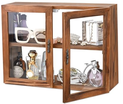 MOOCA Wood and Glass Display Case with Double Doors, Adjustable 2-Level Collection Display Case for Mini Funko Pop Figures, Bakery Pastry Container, Jewelry Organizer Storage, Brown Color