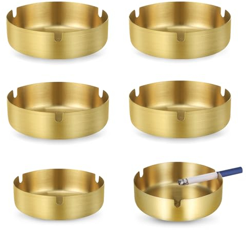 Huiguli 6 Stück Edelstahl Aschenbecher für Draussen Tischplatte, Moderne Tragbarer Aschenbecher für Balkon Home Office Innenraum Draußen, Gold(10cm/8cm)