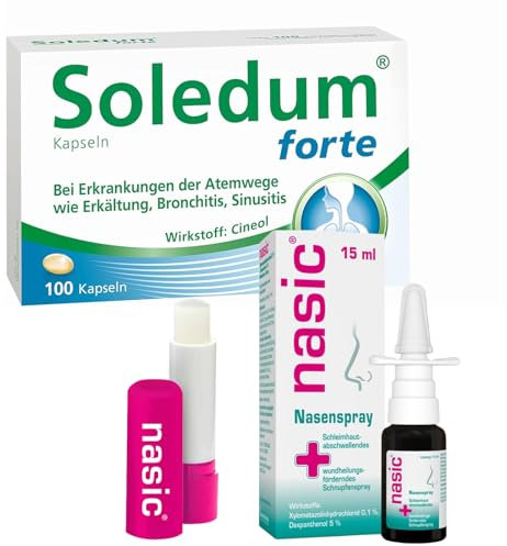Erkältungsbundle 3er Set | Soledum Kapseln forte -100 Kapseln | nasic Nasenspray mit dem Wirkplus - 15 ml | nasic Lippenpflegestift
