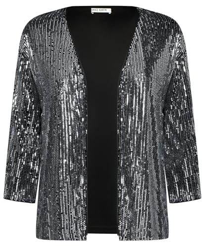 GRACE KARIN Cardigan Court Femme à Sequins Classique Manche Longue Gilet Colere Bureau Col V pour Soir Argenté sur Noir Paillettée L