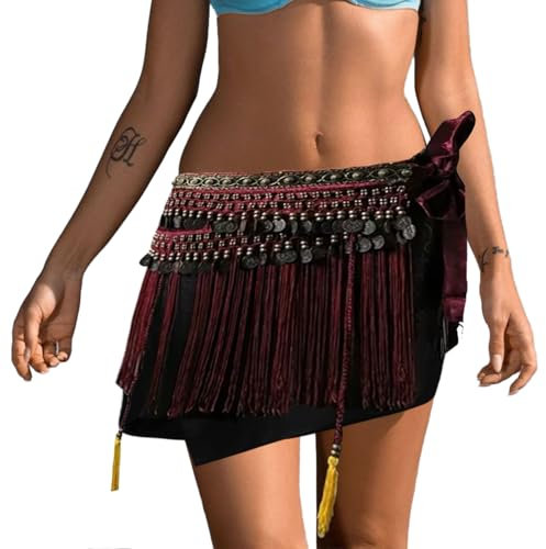 Xvbhaq Bauchtanz Hüfttuch, Jujube-Rot, mit Fransen, Bauchtanz Kostüm Damen, Nationale Stämme Stile, Piraten Bauchtänzerin Münzgürtel