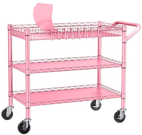 NTE Utility Cart with Wheels, 990lbs Capacity Metal 3 Tier Rolling Carts, NSF Kitchen Carts On Wheels with Storage, Heavy Duty Utility Cart with Handle & Wire Shelf for Indoor & Outdoor Use, Pink