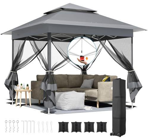 Carpa Plegable 3,3 x 3,3 m con 4 Paneles Laterales de mosquitera, One Push Carpas para Exteriores, Cenador Pabellón de Jardín con 4 PCS Sacos de Arena, Camping/Mercado/Fiestas/Playa (Gris Oscuro)