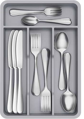 Lifewit Portaposate da Cassetto, Organizer Posate da Cassetto, Porta Posate Cucina Cassetto,19.8x31.5cm, Contenitore per Posate per Cucchiai, Forchette, Coltelli, Stoviglie, 4 Scomparti, Grigio