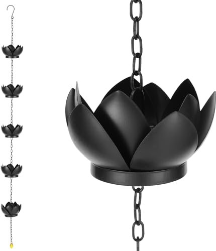 Guniata Chaîne de pluie, chaîne de gouttière avec crochets en S, longueur réglable, chaîne de pluie avec imitation nénuphars, pour l'extérieur, la maison, la décoration de jardin (noir)