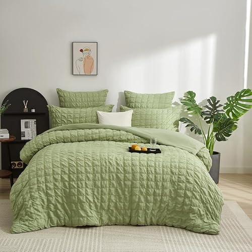 Gezu Juego de ropa de cama de verano de 135 x 200 cm y 1 funda de almohada de 80 x 80 cm con cremallera, color verde seersucker