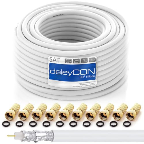 deleyCON 20m HQ+ Câble Coaxial Satellite SAT 135dB Blindé 5 Couches DVB-S DVB-S2 DVB-T DVB-C 4K 1080p FULL HD HDTV + 10 Connecteurs F Plaqués Or
