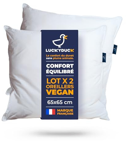 LUCKY DUCK Lot 2 Oreillers 65x65 - Garnissage Microfibre - Percale Coton Blanche - Confort Durable et Respirant - Grand Format 65x65 - Lavables en Machine