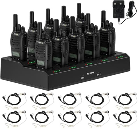 Retevis H777D Walkie-Talkies med 10-Vägsladdare, LCD-Skärm, 1200 mAh Batteri, Typ C-Laddning, Enkel Parkoppling, Långdistansradio för Säkerhet, Hotell (10-Pack)