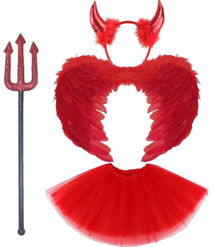 MUNSKT röd djävul kostym med vingar horn gaffel tutu kjol, halloween fallande ängel outfit, kvinnor flickor halloween cosplay party fin klänning maskerad karneval dekoration