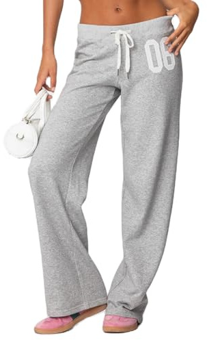 WangsCanis Women Drawstring Low Rise Sweatpants Y2k Straight Wide Leg Number Print Jogger Pants Casual Lounge Track Pants (Gray, M)