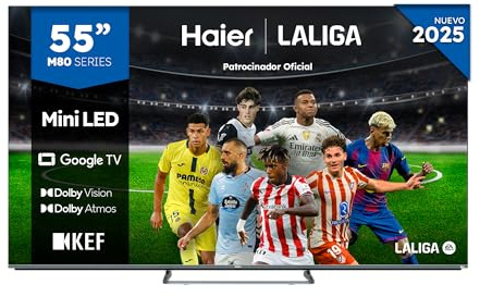 Haier MiniLED 4K UHD H55M80FUX - 55, Smart TV, Google TV, Dolby Atmos y Dolby Vision, HDR 10, Google Assistant, Procesador Quad Core, Bluetooth 5.2, DBX TV, HDMI 2.1 x 4, 2+32 GB, Sin Marcos, 2025