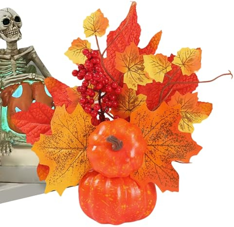 Calabazas artificiales con hojas de arce y bayas, decoración de temporada para fiestas en el hogar, Halloween, otoño, Acción de Gracias