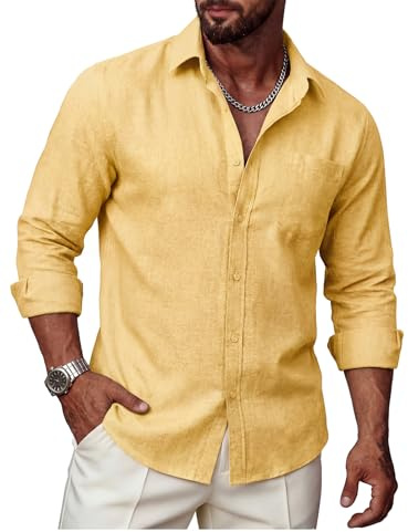 Ailisus Chemise en lin pour homme - Manches longues - Couleur unie - Coupe droite - Chemise d'affaires - Chemise de loisirs - Chemise d'été - Chemise de plage - Tailles S à 3XL