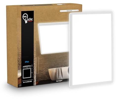 B.K.Licht Platt LED-panel med indirekt belysning, neutralt vitt ljus, IP44-skydd, badrum, kökskrona, ljuskrona, vardagsrum, 42 x 42 x 3 cm, vit