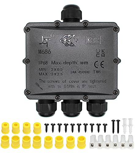 HUYU IP68 Waterproof Junction Box, 4-Way Outdoor Cable Connectors with 4 Cable M25 Gland Wire Connector Electrical Junction Box for 4-14 mm Diameter Cable, 3-IN/ 9-OUT Quick Terminal, Black