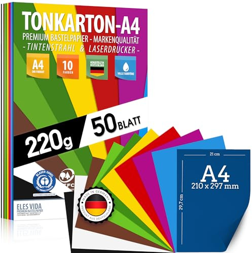 CARTON A4 50 feuilles - 220g / m² d'épaisseur - Ensemble de 10 couleurs colorées - carton, feuilles colorées pour l'école, passe-temps - accessoires de bricolage pour albums photo, cadeaux, dessin