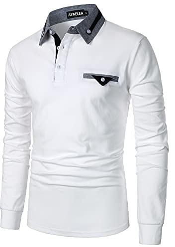APAELEA pikétröja herr långärmad randig t-shirt bomull casual pikétröja för män, Vit, XL