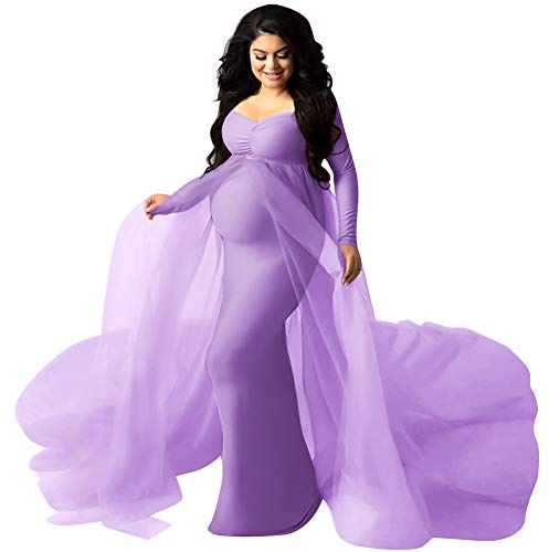 Maternity Photoshoot Dress Women Elegant Long Sleeve Off The Shoulder Fall Fitted Pregnancy Tulle Chiffon Wedding Beach Maxi Mermaid Long Gown Baby Shower Dress Photography Plus Size Lavender L