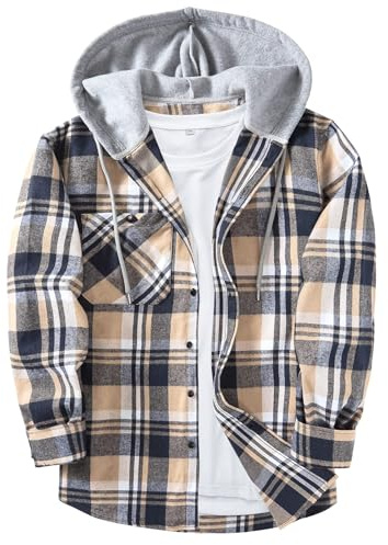ZITY Men's Flannel Hoodie Shirts Casual Button Down Plaid Shirt Jackets for Men Long Sleeve Stylish Hooded with Pocket Navybeigewhite Large