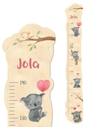 Kinder Messlatte 'Koala' aus Holz mit eigenem Namen personalisiert, Motiv: Koalabär mit Namen, ca. 15 x 100 cm, Farbvariante: rot