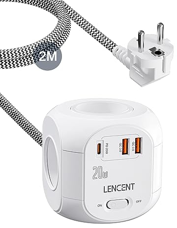 LENCENT Cube rallonge multiprise Amélioré PD 20W 2M avec 4 Prises AC, 3 USB et 1 Type C Multiprise USB Rallonge électrique avec Interrupteur pour Maison, Cuisine, Bureau, Tressé Cable