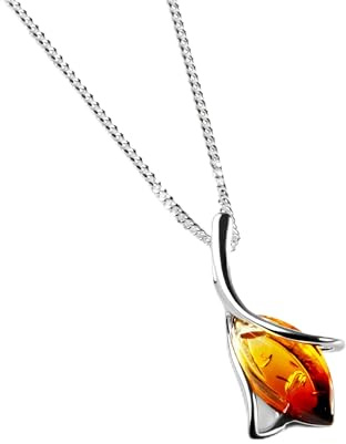 HENRYKA Collana con ciondolo in ambra al tramonto, in argento Sterling 925 massiccio e ambra baltica color cognac, splendida forma a goccia, regalo significativo per lei, catenina da 45 cm, da