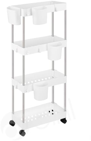 Dihl 4-nivås förvaringsvagn, smal enhet för platsbesparande organisation, rullande hjul för kök och badrum, vit, 13 x 38 x 96 cm