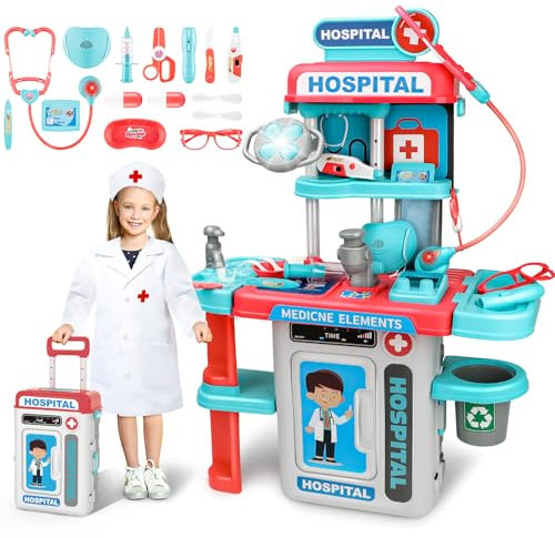deAO 2 in 1 Kids Doctor Playset, Pretend Medical Station, Hospital Carrycase Play Set with Medical Instruments Stethoscope Lights, Educational Role Play Toys for 3+ Kids Christmas Birthday Gifts(Pink)