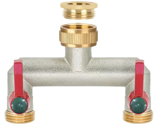 iBamso Brass Garden Hose Splitter, 2 Way Tap Connector with On/Off Valves and Extended Handle, Wide Mounting Two Water Timer Meanwhile