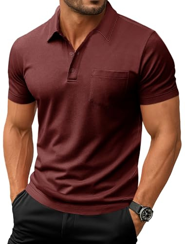 EKLENTSON Men's Casual Polo Shirts with Chest Pocket Summer Breathable Lightweight Golf Work Polo T Shirts Short Sleeve Polyester Tops Wine Red,3XL