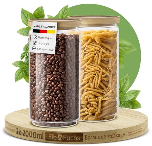 ElbFuchs® Set Barattoli per Conservazione con Coperchio 2000 ml (2 Pezzi) in Vetro Borosilicato, Barattoli Ermetici, Set Contenitori in Vetro per Spezie e Alimenti