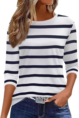 Arevill T-shirt da donna con maniche a 3/4 girocollo basic casual top a righe/tinta unita/stampa camicie, blu e bianco., M